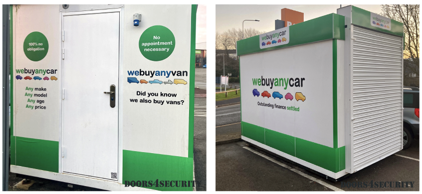 two images of the front and back of a white and green portable office pod in a carpark next to a road