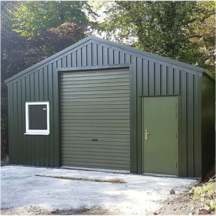 Green corrugated outhouse with green roller shutter and white window to the left with green security door to the right