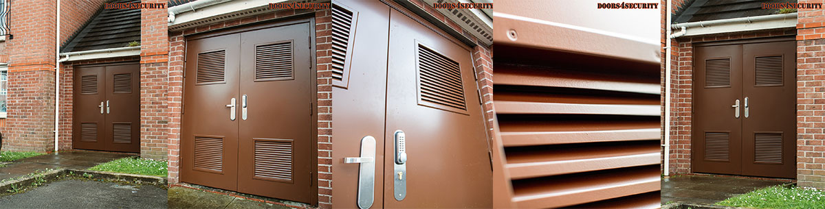 5 pictures of a brown louvered door installastion with closeups
